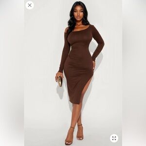 FashionNovaEspresso Please One Shoulder Midi Dress - Brown